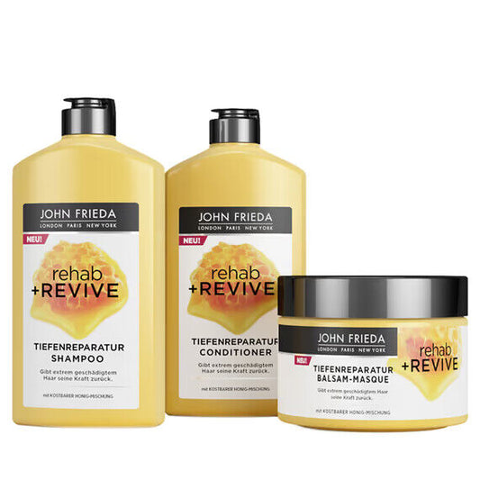 3er Pack JOHN FRIEDA Rehab & Revive Tiefenreparatur Shampoo Conditioner Balsam